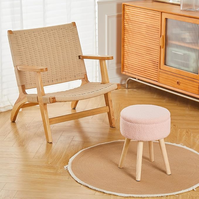 Mxfurhawa Storage Ottoman Foot Stool Teddy Velvet Round Vanity Stool Tray Top Footstool with Wood Legs Upholstered Foot Rest Ottoman for Living Room, Bathroom, Makeup (Pink)