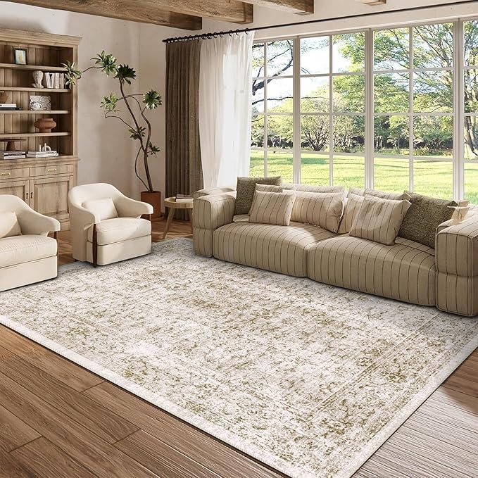 5x7 Area Rugs - Ultra-Thin Washable Rug with Non-Slip Backing, Ideal for Living Room, Bedroom, Dining Room Indoor - Vintage, Easy Clean, Durable, Low Pile Rug Olive