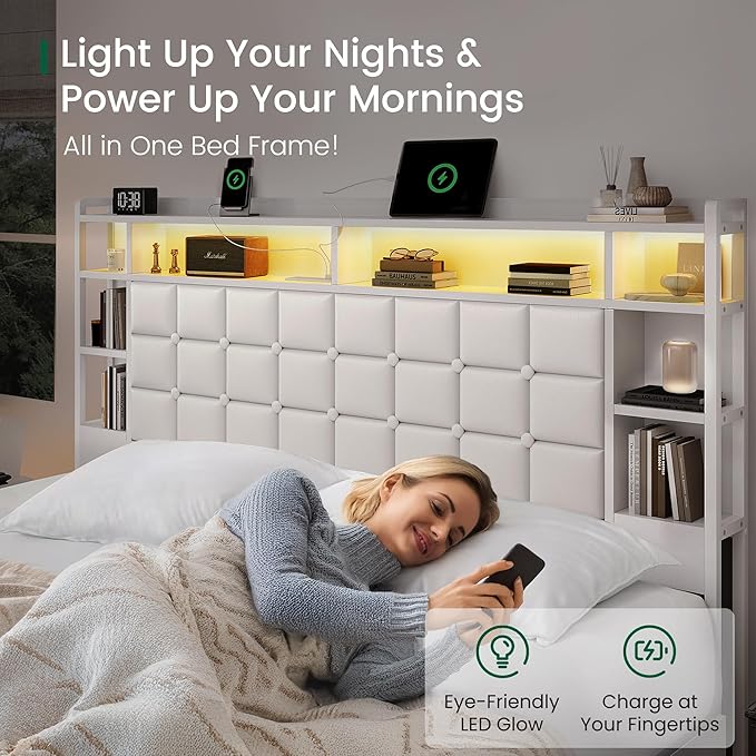 LARMACE King Size Bed Frame with 4 Storage Drawers and Bookcase Headboard, Faux Leather Upholstered, Wooden Platform Bed Frame with Charging Station and LED Lights, No Box Spring Needed, White