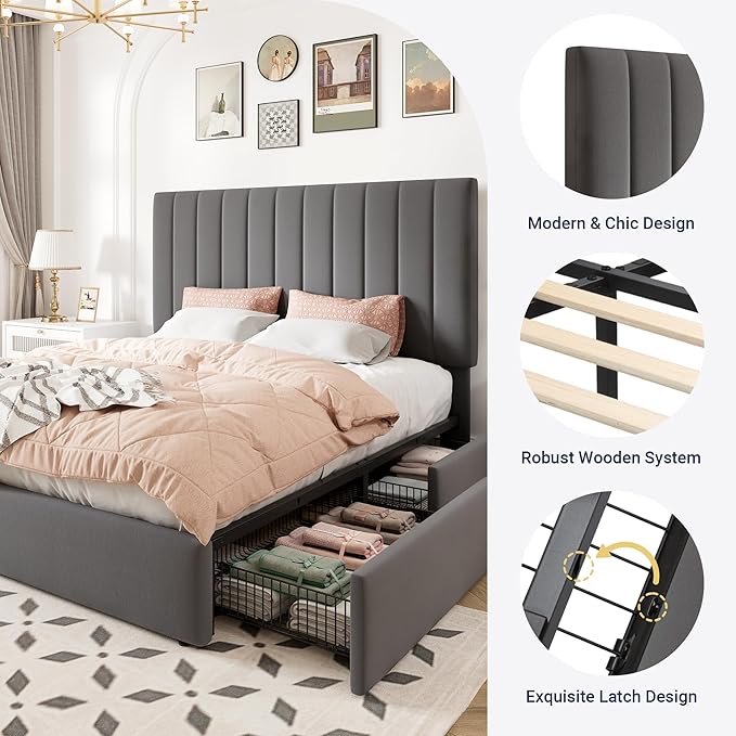 Allewie Full Size Storage Bed Frame, Vertical Channel Tufted Adjustable Headboard, Velvet Upholstered Platform Bed with 4 Oversized Underbed Drawers, Wooden Slats Support, No Box Spring Needed, Grey
