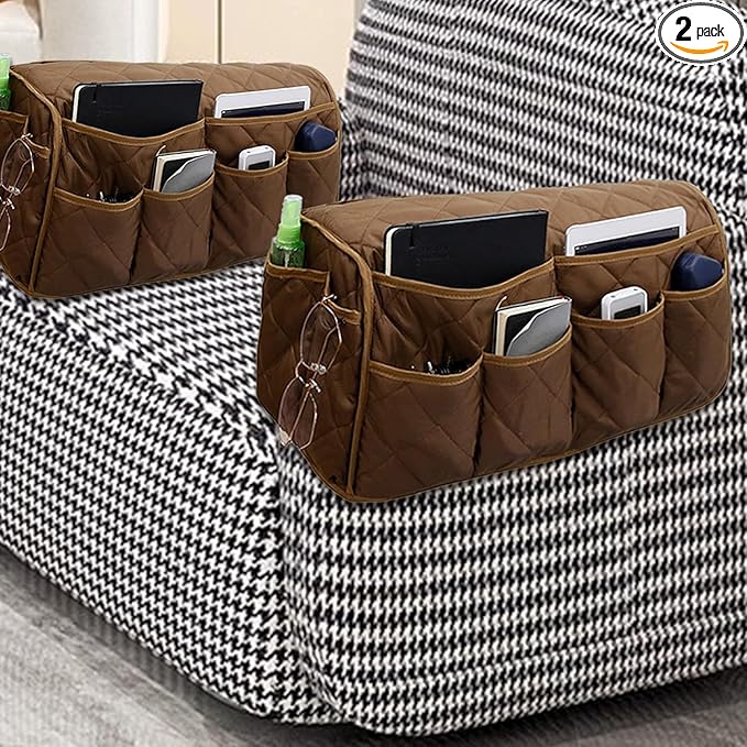 MEHIDFY Armchair Caddy Remote Control Holder for Couch Recliner Armrest Organizer Non Slip Couch Arm Covers for Sofa with 14 Pockets Storage for Magazine, Tablet, Phone, iPad (Brown 2pcs)