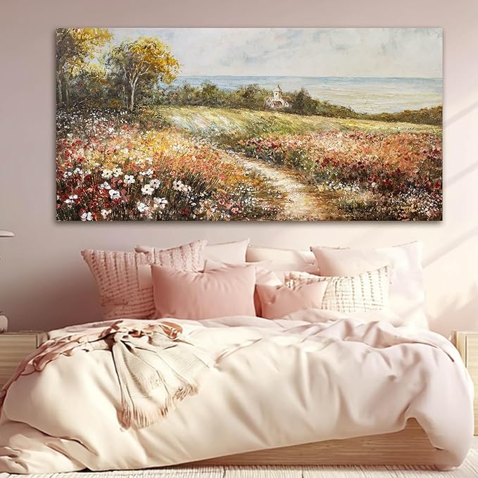 YETHEN WAL Wildflower Meadow Landscape Wall Art with Cottage – Panoramic Country Path Canvas Print, Floral Nature Artwork for Living Room Bedroom, 24x48 Inch
