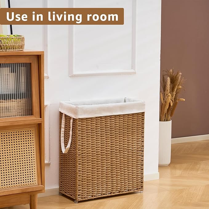 Slim Wicker Laundry Hamper, 75L Handwoven Rattan Basket with Handles, Narrow Laundry Basket with Removable Liner Bag & 2 Mesh Bags
