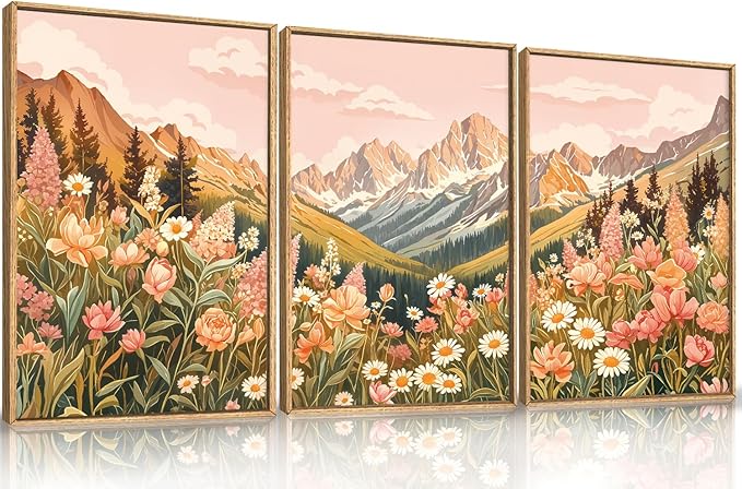 LHIUEM Large Abstract Colorful Mountain Framed Canvas Wall Art,Boho Pink Flower Wall Decor, Nature Wildflower Wall Painting,Bohemian Artwork for Living Room,Bedroom,Dining Room,Office -24"x36"x3