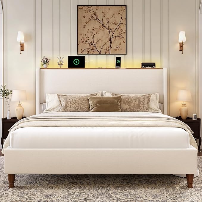 LARMACE Queen Size Bed Frame with LED Lights and Charging Station Linen Upholstered Platform Bed Frame with 51.2" Tall Headboard Wingback and Storage Shelf, No Box Spring Needed, Noise Free, Beige
