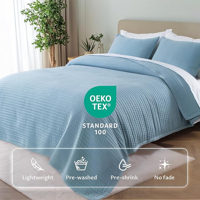 KASENTEX Twin Quilt Set 68"x86" – Soft Washed 3-Layer Lightweight Bedspread, Minimalist Nordic Design, All-Season Spring & Summer Quilt Set (1 Quilt + 2 Pillow Shams), Blue