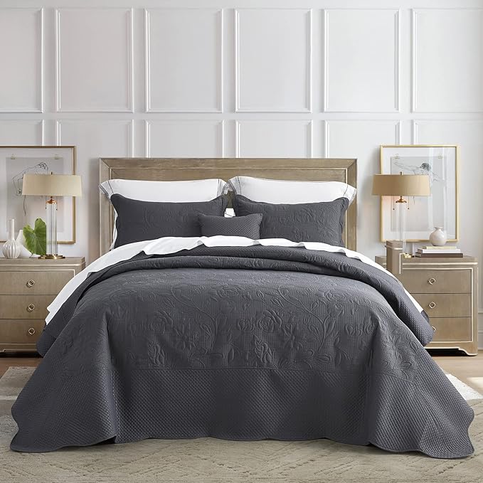 CHIXIN Bedspread Coverlet Quilt Set Full Size - Lightweight Bedding Cover - Ultrasonic Quilting - 5 Piece Reversible Bedspread - Vintage Rose Pattern (Full, Dark Grey)