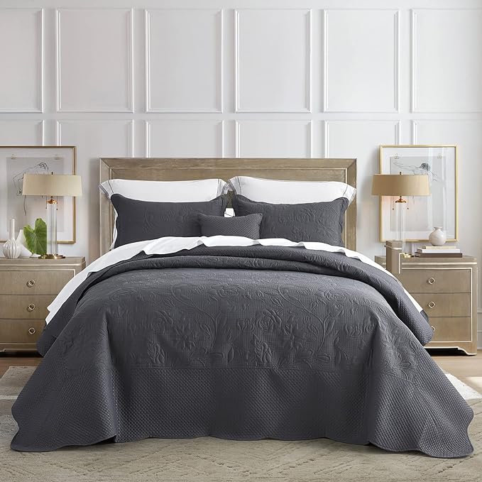 CHIXIN Oversized Bedspread Coverlet Set King Size - Lightweight Bedding Cover - Ultrasonic Quilting - 5 Piece Reversible Bedspread - Vintage Rose Pattern (King, Dark Grey)