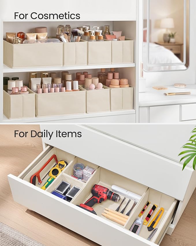SONGMICS Drawer Organizers, Dresser Divider Organizers, Set of 12, Foldable Fabric Storage Boxes for Socks, Underwear, Bras, Ties, Scarves, Summer Sand URDZ006Y02