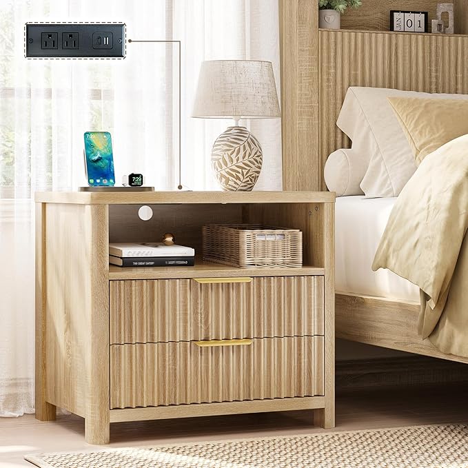 CypBed Night Stand with Charging Station, Bedside Tables with 2 Drawers & Storage Shelf, Wood Fluted Nightstand with Rounded Corner Design, Modern End Table for Bedroom, Easy Assembly