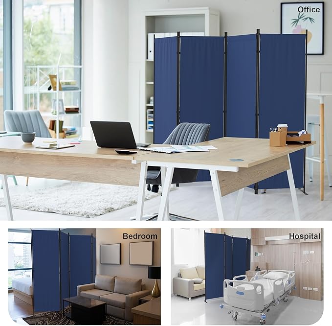 Room Divider, 4 Panel Folding Privacy Screen, 88” Portable Separating with 3 Metal Feet, Partition Room Dividers, Lightweight Freestanding Wall Divider Screen for Office Bedroom Hospital(Blue)