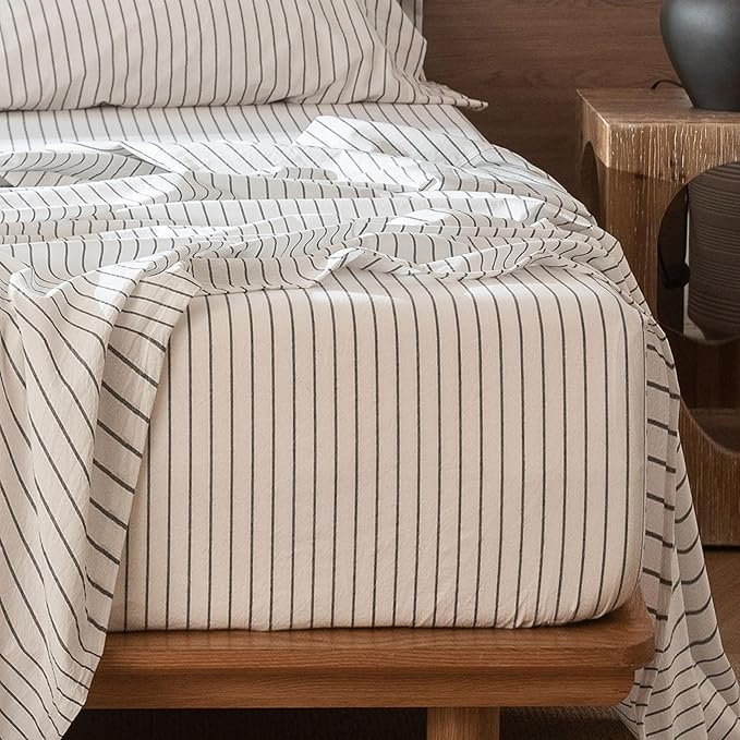 MooMee Fitted Bottom Sheet Only 100% Washed Cotton Linen Like Textured Breathable Durable Soft Comfy Deep Pocket Fits Mattress up to 17" (White Dark Grey Wide Stripes, Queen)