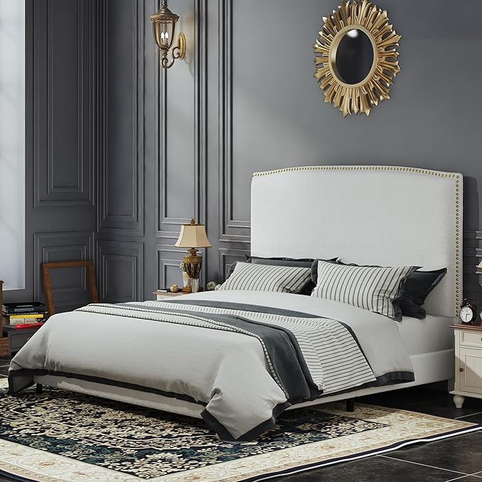 Full Size Bed Frame with Headboard, 56" Upholstered Platform Bed with Nailhead Trim, Soft Boucle Fabric, No Box Spring Needed, Easy Assembly, White