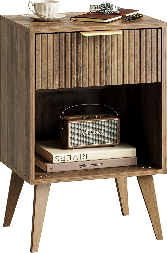 Fluted Night Stand with Opening Storage,Mid Century Bedside Table with Drawer,Wood Nightstand with Legs,End Table Side Table for Living Room,Bedroom,Caramel Oak 11.8"Dx15.7Wx 25.2"H CTG56BR