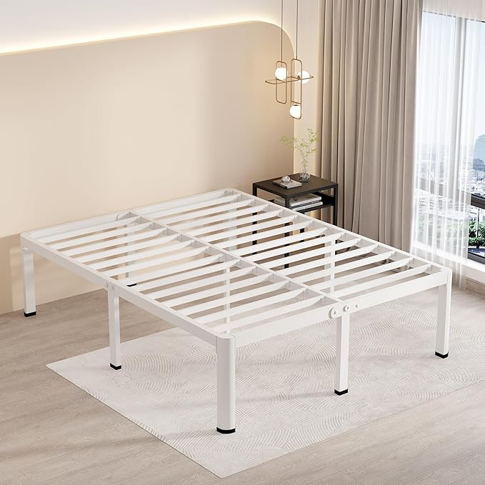 MAF 12 Inch Queen Metal Platform Bed Frame White with Round Corner Legs, Mattress Slide Stopper, 3000 LBS Heavy Duty Steel Slats Support, Noise Free, No Box Spring Needed, Easy Assembly