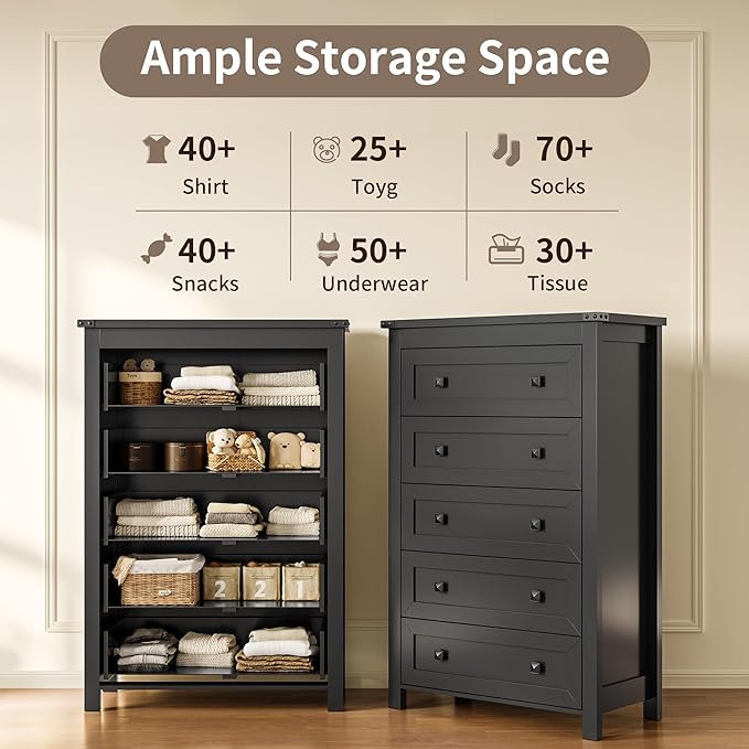 Dresser for Bedroom with 5 Drawers, Tall Wood Chest of Drawers, Modern Farmhouse Closet Clothes Organizer, Storage Tower Cabinet with Metal Handles for Hallway, Living Room, Entryway, Black