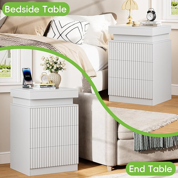 Nightstands Set of 2 with Charging Station & LED Lights, Modern Small Fluted Bedside & End Tables with 3 Drawers, Sliding Top & Hidden Storage, Wooden Farmhouse Night Stand for Bedroom Office,White