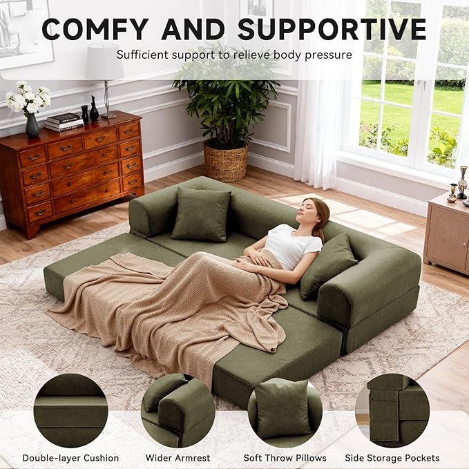 78.5" Convertible Sleeper Sofa Bed, Faux Leather Deep Seat Folding Floor Sofa with Pullout Bed & 2 Pillows, No Assembly Modern Boneless Couch Compression Sofa in Box for Living Room, Office, Green