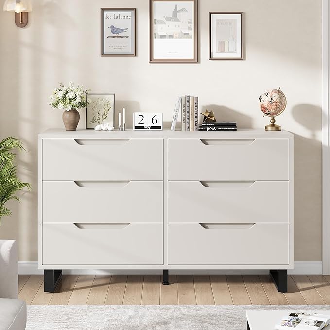 GarveeHome 6 Dresser for Bedroom, 47.2 in Wide Dresser, Freestanding Vertical Drawer Cabinet with Storage, Wooden Closet Storage Chest for Living Room, Hallway, Entryway, White