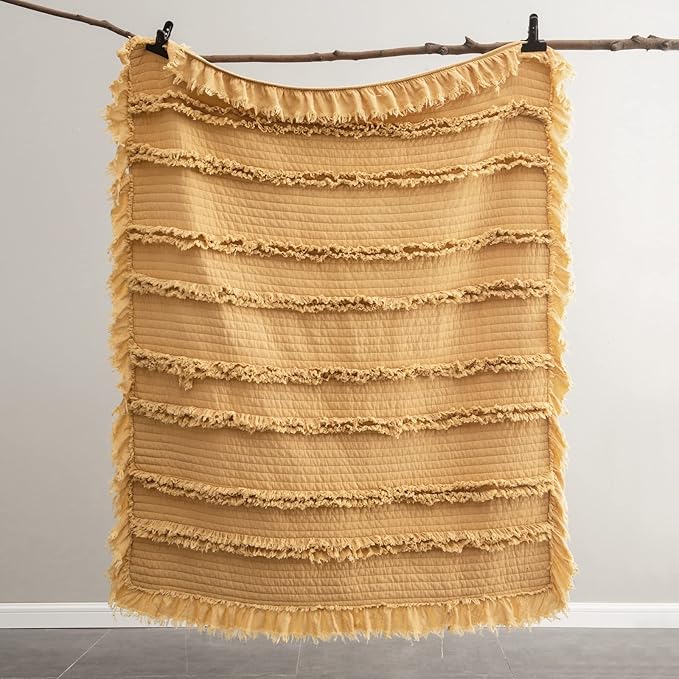Ultra Soft Pre-Washed Quilted Boho Yellow King Size Blankets for Bed, Ruffle Fringed Decorative Throw, Stone Washed Chic Rustic Blanket for Sofa Couch Bed, 104"*90"