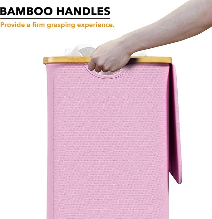 SpaceAid Laundry Hamper with Lid, 110L Large Tall Clothes Basket Bin with Bamboo Handles, Collapsible Laundry Hamper for Bedroom, Bathroom, Dorm, Laundry Room - Pink