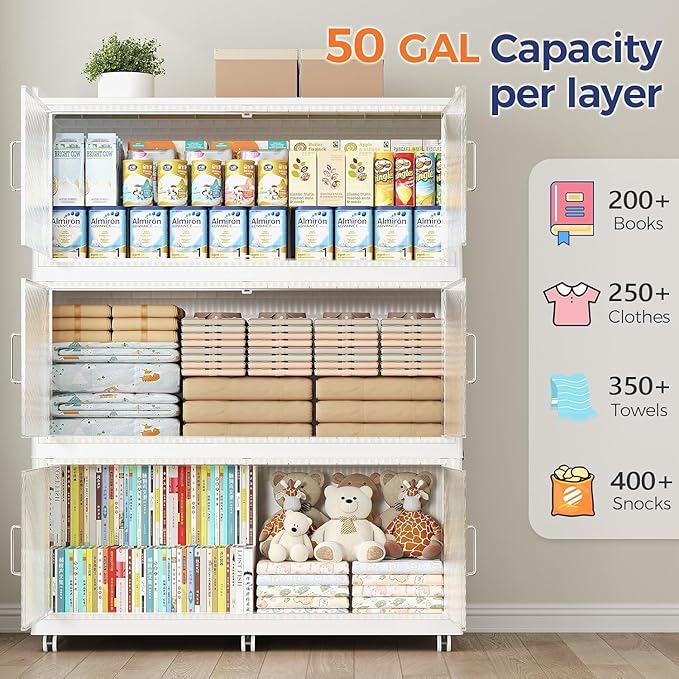 150GAL Extra Large Storage Bins with Lid, 600QT Collapsible Organizer with Wheels, Stackable Closet Cabinet with Doors, Folding Storage Containers for Home, Office, Kitchen, 3Pack White