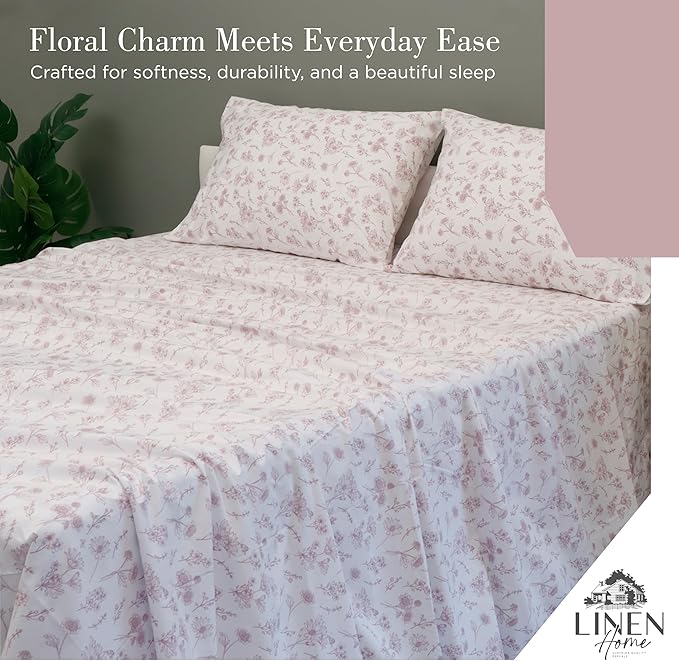 Linen Home 100% Cotton Printed Percale Sheets California King Size, Deep Pocket, 4 Pieces Set-1 Flat, 1 Deep Pocket Fitted Sheet and 2 Pillowcases, Crisp Cool Bed Linen, Mauve Botanical Floral