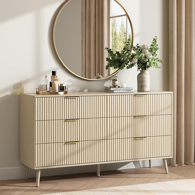 CARPETNAL Fluted 6 Drawer Dresser for Bedroom, 55" Wide Wooden Chest of Drawers with Rounded Corners, Gold Handles, Modern Storage Organizer for Bedroom, Hallway(Beige)