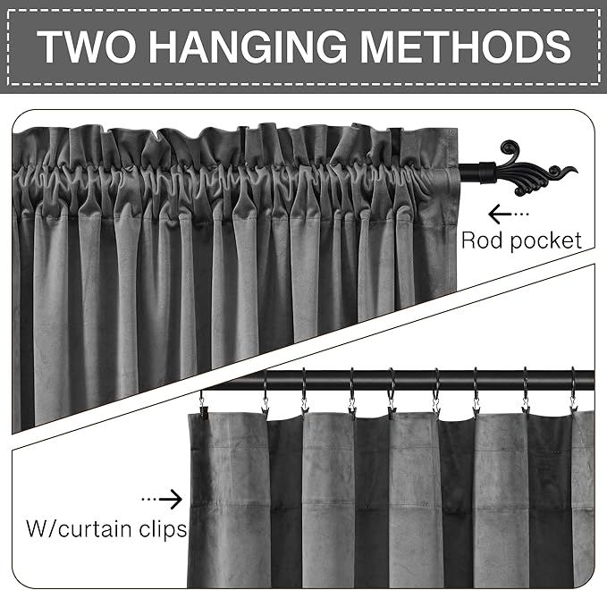 StangH Gray Velvet Curtains 96 inches - Bedroom Luxury Velvet Curtain Panels Blackout Draperies Heat Insulated Sliding Door Panel Drapes, 52 by 96 inches Long, 2 Panels