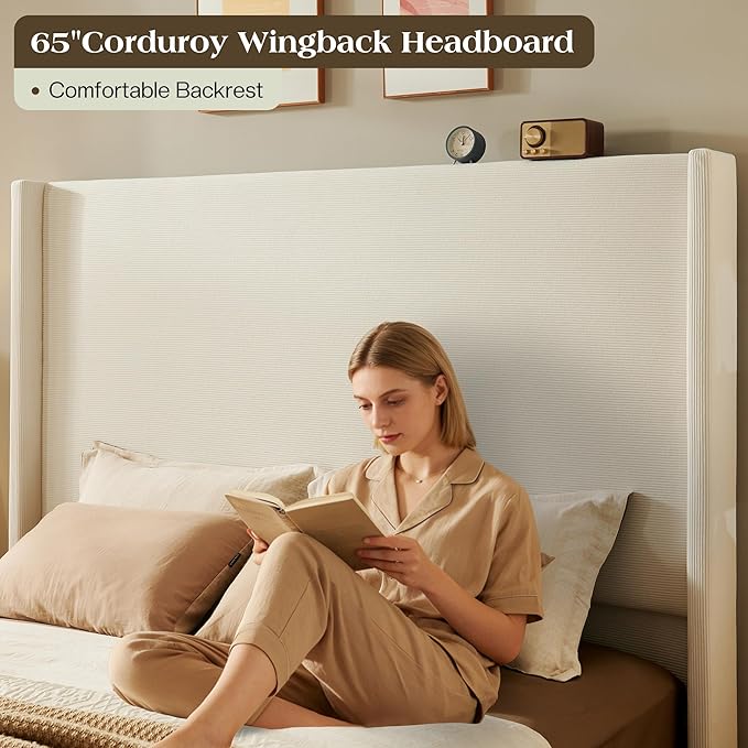 King Bed Frame with 65" Tall Headboard, Horizontal Fine Corduroy Bed Frame with Wingback, Upholstered Platform Bed, Vintage Solid Wood Gourd Legs, No Box Spring Needed, Cream