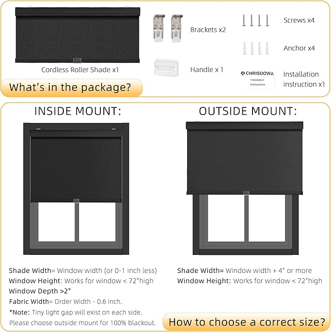 ChrisDowa Cordless Blackout Roller Shades for Windows, Striped Free-Stop Window Blinds with Privacy, Thermal Insulated Window Shades for Home, Office and Door. Black, 20" W x 72" H