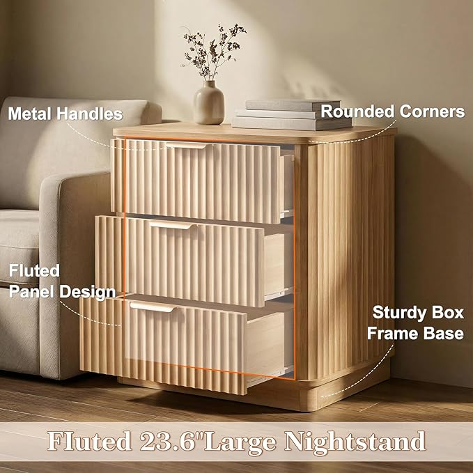 LYNCOHOME Fluted Night Stand Set of 2, Large 3 Drawer Nightand, Wood Bedside Table, Multifunctional Bed Side Table & End Table, Dresser for Bedroom, Living Room Closet, Natural