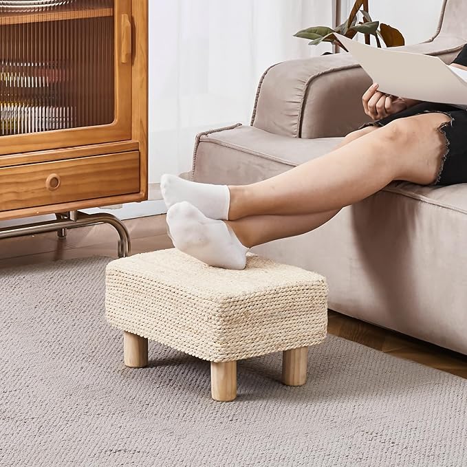 Wimarsbon Natural Seagrass Footstool Ottoman Rectangular Footrest Pouf Ottomans with Wooden Legs Hand Weave Step Stool for Living Room Bedroom Entryway Natural White