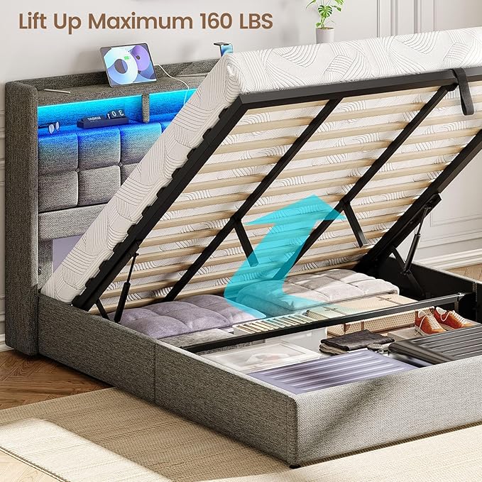 Lift Up King Size Bed Frame with Storage, Upholstered King Bed Frame with Charging Station and LED Lights Headboard, No Box Spring Needed, Easy Assembly - Light Grey