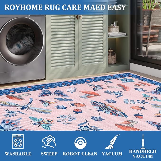 Mushroom Insect 2x6 Runner Rug for Hallway Washable Kitchen Rugs Non Slip with Rubber Back Blue Pink Low-Pile Stain Resistant Indoor Carpet for Entryway Bathroom Laundry Dorm