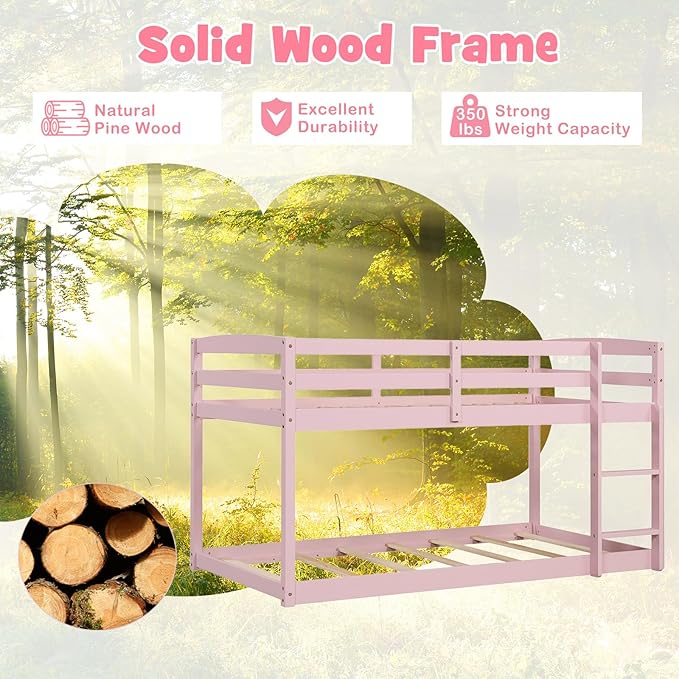 KOMFOTT Low Bunk Bed Twin Over Twin, Solid Wood Twin Bed Frame with Built-in Ladder & Safety Guardrails, Space-Saving Low Bunk Bed for Kids, Teens, No Box Spring Needed
