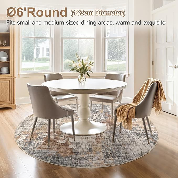 6ft Round Area Rug Living Room Rugs - 6x6 Washable Large Soft Indoor Neutral Modern Abstract Low Pile Rug Carpet for Bedroom Dining Room Farmhouse Home Office - Grey Brown