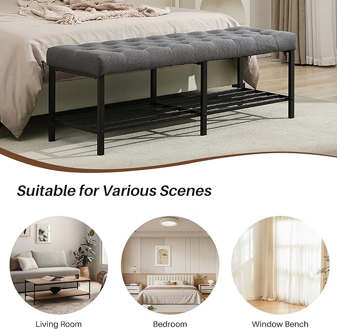 55.5" End of Bed Bench, Modern Linen Button Tufted Bedroom Bench, Upholstered Storage Shoe Bench with Metal Base, Dinning Table Bench for Living Room, Bedroom, Entryway,Grey