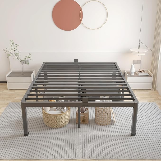 ROIL 18 Inch Full Size Bed Frame with Rounded Corner and Headboard Hole Mattress Retainers 3500LBS Metal Heavy Duty Steel Slats No Box Spring Needed Platform Noise-Free Easy Assembly