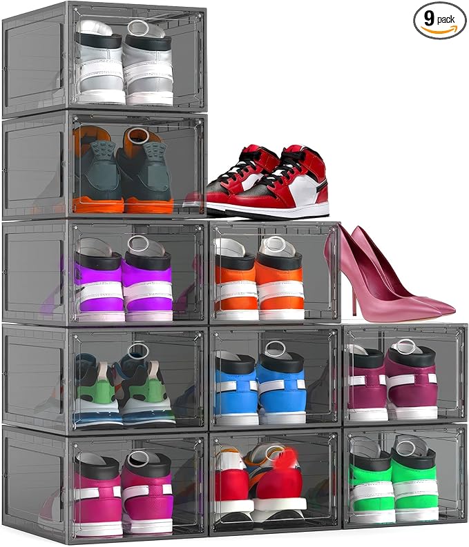XX Large Clear Shoe Storage Box Organizer for Closet, 9 Pack Thicken Hard Plastic Stackable Shoe Sneaker Rack Display Case Container Bins Organizer, Easy Assembly, Grey