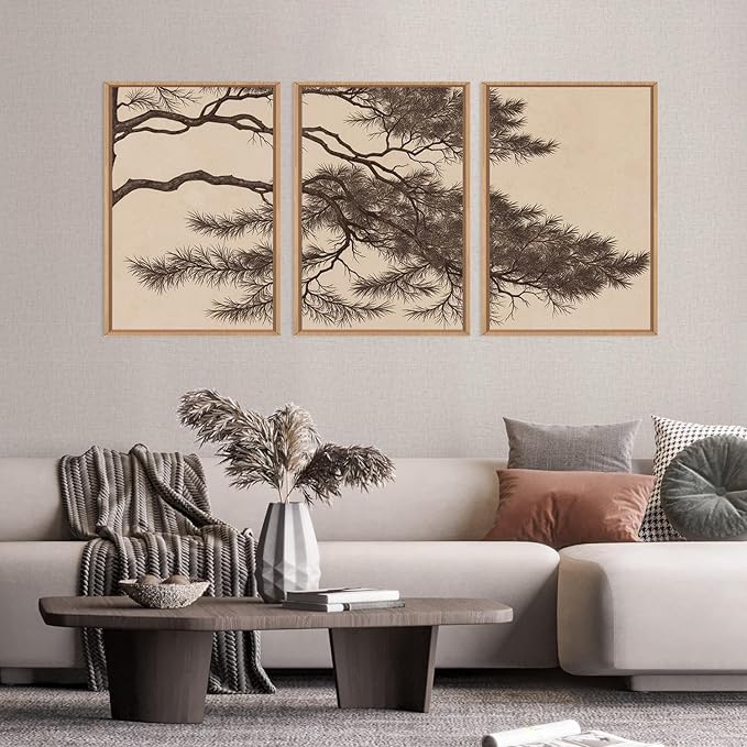 LHIUEM Large Vintage Pine Tree Branch Framed Canvas Wall Art,Sketch Botanical Wall Decor,Nature Plant Artwork,Brown Antique Etching Art Prints for Living Room,Bedroom,Office- 24"x36"x3