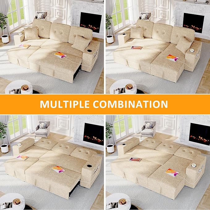 90 Inch Sleeper Sofa Bed, 4 in 1 Pull Out Couch Bed with Adjustable Backrest | Reversible Storage Chaise | Wide Armrest | Tool Free Assembly, Sectional Couches for Living Room, Khaki Chenille