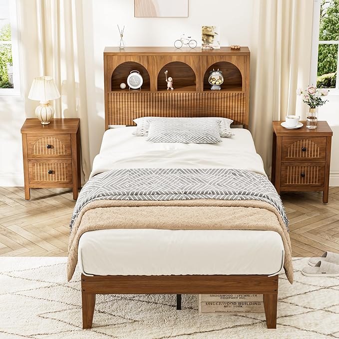 Twin Bed Frame with Wave Headboard, Wooden Headboard with 3 Arched Storage Compartments, Platform Bed with Wood and Metal Slats, No Box Spring Needed, No Noise (Twin-Walnut)