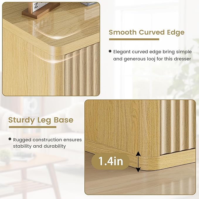 Fluted Nightstand with 3 Drawers, Wood Night Stand with Storage， 25" Wide Bedside Table, Modern Side Table for Bedroom, End Table for Living Room, Handleless Design, Curved Profile, Natural Oak 1PC