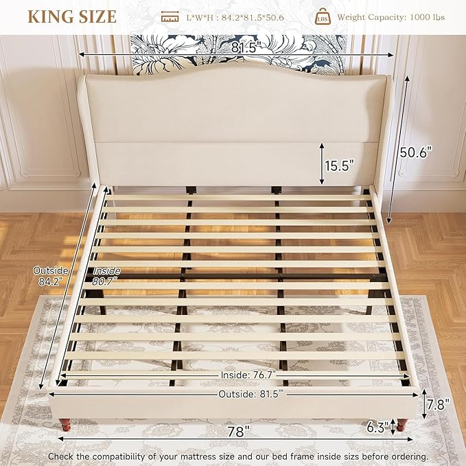 koorlian King Size Bed Frame Fully Upholstered Platform Bed with 51'' Tall Headboard, Sleigh Wingback and Solid Wood Retro Legs, Soft Fabric/Modern Minimalist Style/Easy Assembly, Beige