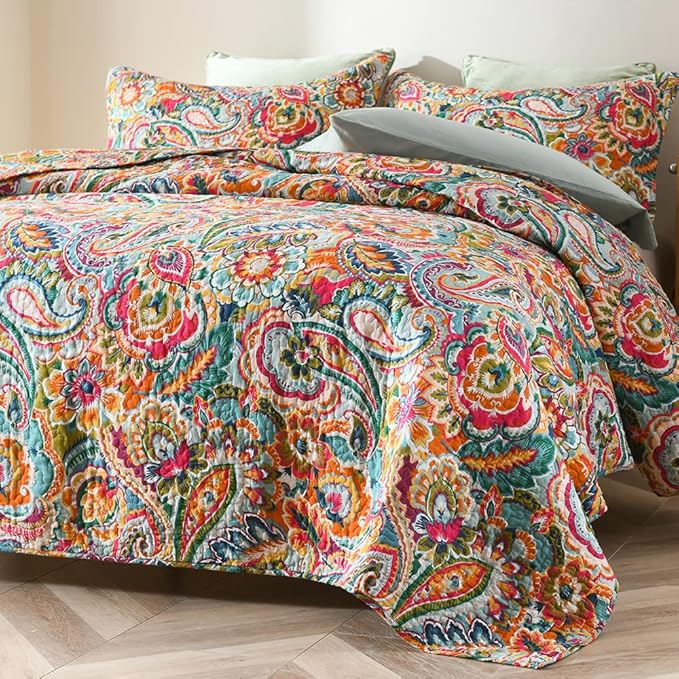 Cotton Bedspread Quilt Sets, Reversible Bedding Coverlet Sets Comforter, Gorgeous Red Floral Paisley Bedspread, Queen Size