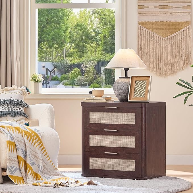 LEYAOYAO Rattan Night Stand Set of 2 with Drawers, 23" Large 3 Drawer Boho Nightstand, Walnut Bedside Table Storage Cabinet, Bed Side End Tables Dresser for Bedroom, Living Room, Hallway, Closet