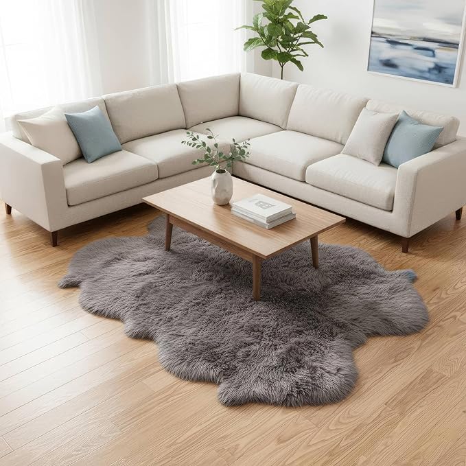 Premium Gray Sheepskin Rug Genuine Quad 4x6ft Pelt Fluffy Fur Rug for Living Room