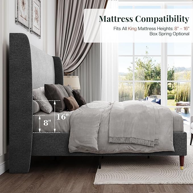 Jocisland King Upholstered Platform Bed Frame with 51.2" Tall Wingback Headboard–Solid Wood Legs, No Box Spring Needed, Dark Grey Linen–Modern Style for Any Bedroom