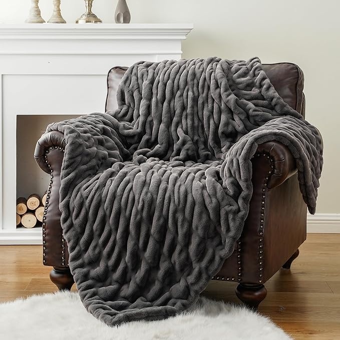 BATTILO HOME Luxury Faux Fur Blanket for Couch, Double Side Ruched Rabbit Fur Blanket Supper Soft Throw Blankets for Bed, Cozy Blanket, 50“x60
